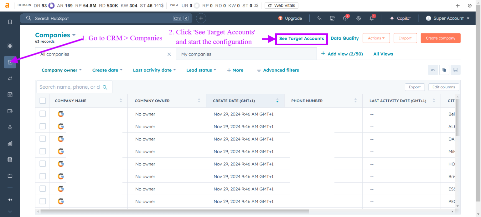 Captura de pantalla que muestra al usuario navegando a la Página de índice de cuentas objetivo de HubSpot