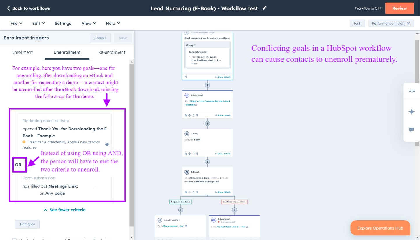 Après avoir configuré tes déclencheurs d'inscription, ajoute plusieurs critères pour tes objectifs dans HubSpot, mais cela peut être risqué