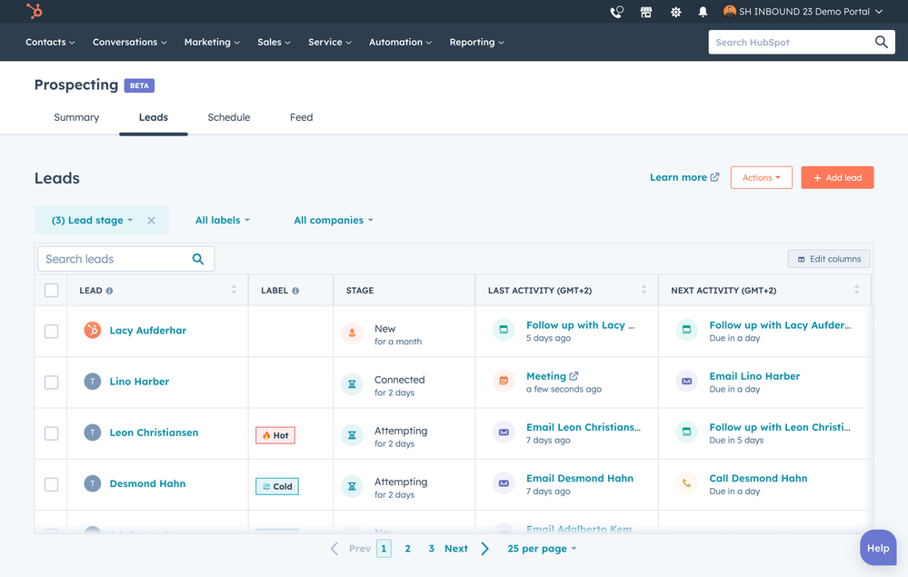 Screenshot des HubSpot-Leads-Interface