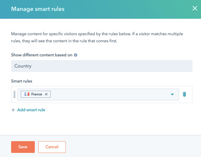 Reglas Inteligentes de HubSpot | Los visitantes ubicados en Francia verán un contenido predeterminado diferente
