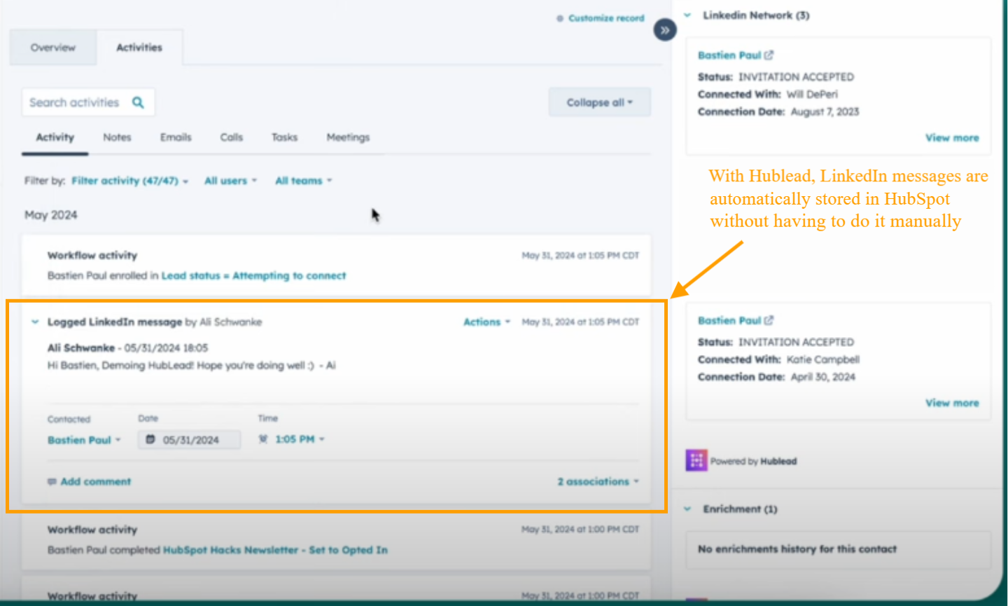 Enregistrez automatiquement les messages LinkedIn dans HubSpot avec Hublead