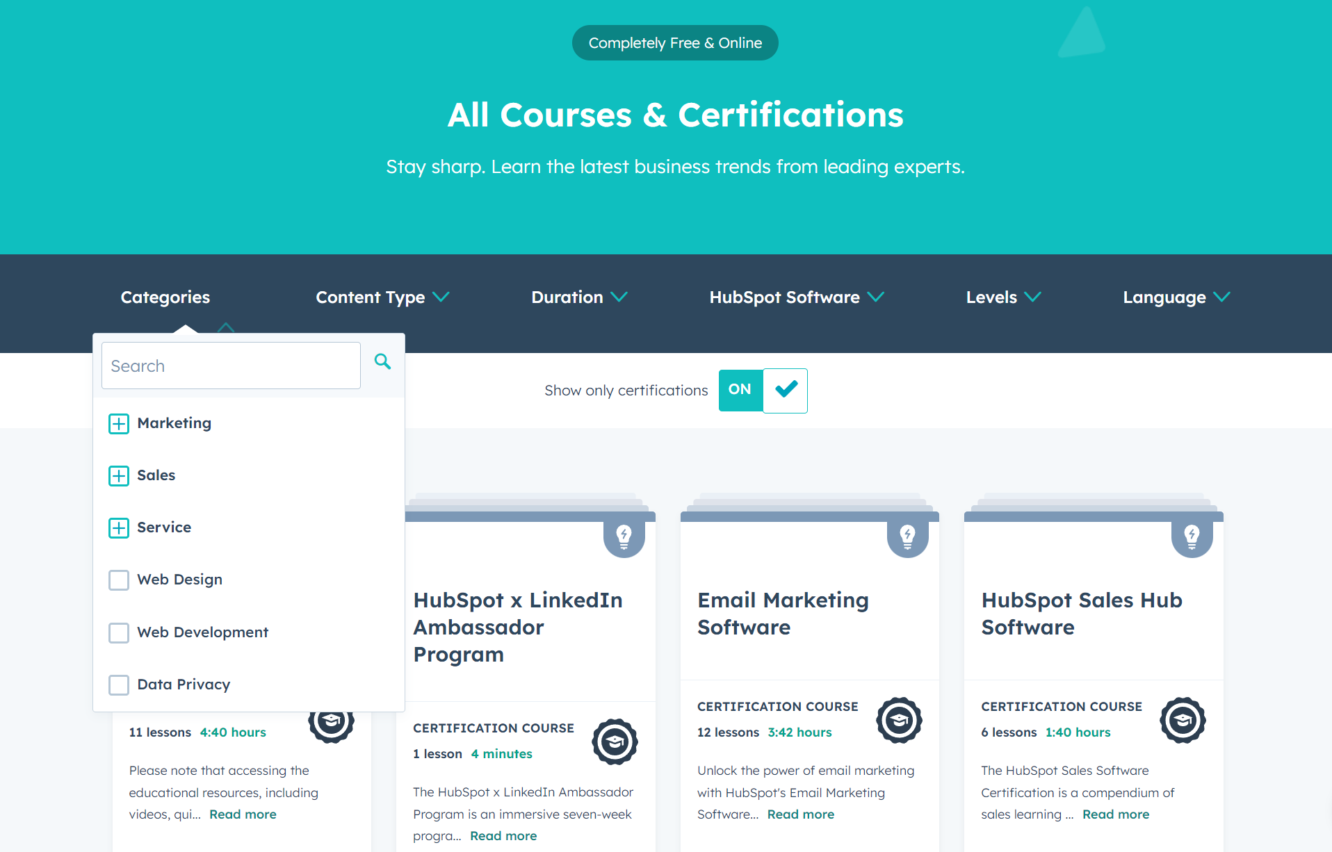 HubSpot Academy – Tous les cours et certifications proposés – Capture d'écran