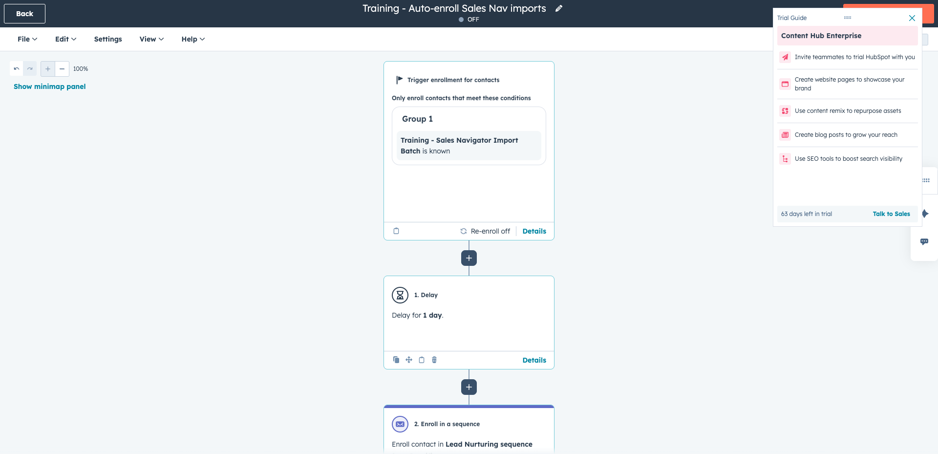 Workflow de HubSpot para inscribir automáticamente importaciones de Sales Navigator en una secuencia