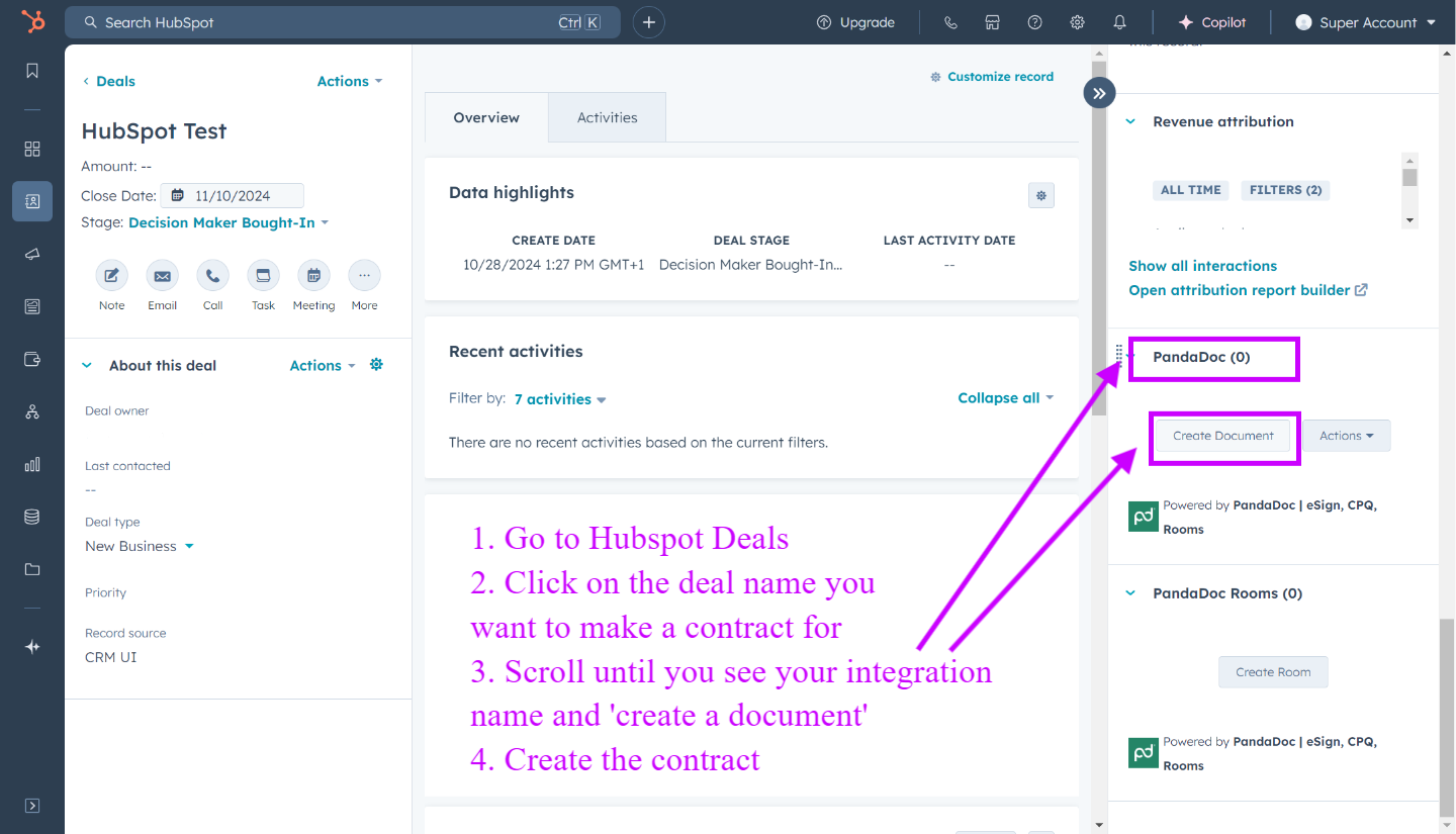 Once the pairing is done in HubSpot, start generate contracts with the integrated tool 