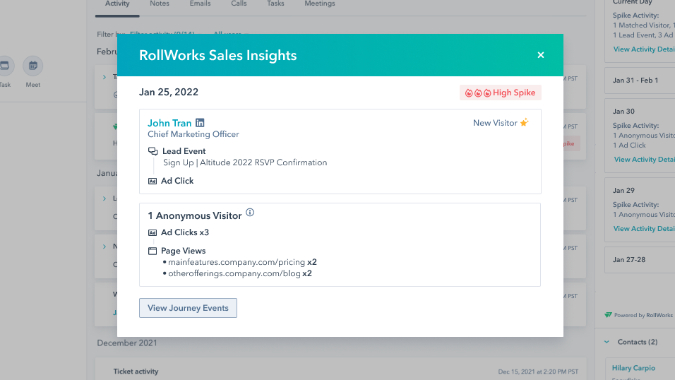 Descubre señales de interacción con cuentas usando ciencia de datos. Visualiza datos de Pico de Cuenta y Eventos de Recorrido en HubSpot. Envía notificaciones de email automatizadas a tu equipo de ventas para alertarlos de cuentas en pico. Construye informes y Workflows personalizados a partir de datos de Pico de Cuenta en HubSpot.