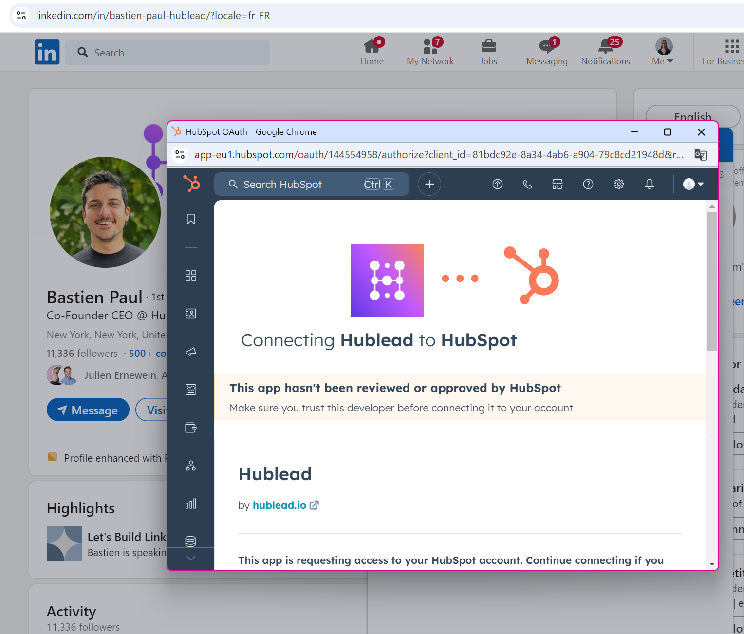 Connectez l’Extension Chrome Hublead à votre compte HubSpot pour synchroniser vos données LinkedIn
