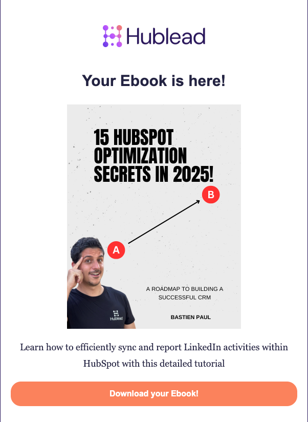 Exemple d'email de suivi de téléchargement d'eBook de Hublead