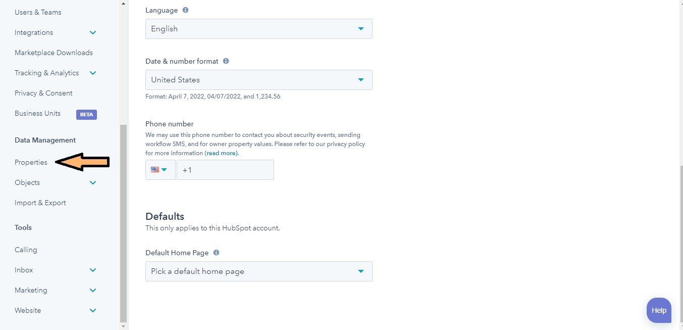 Dans la section Paramètres de HubSpot, clique sur Propriétés pour configurer le lead scoring prédictif