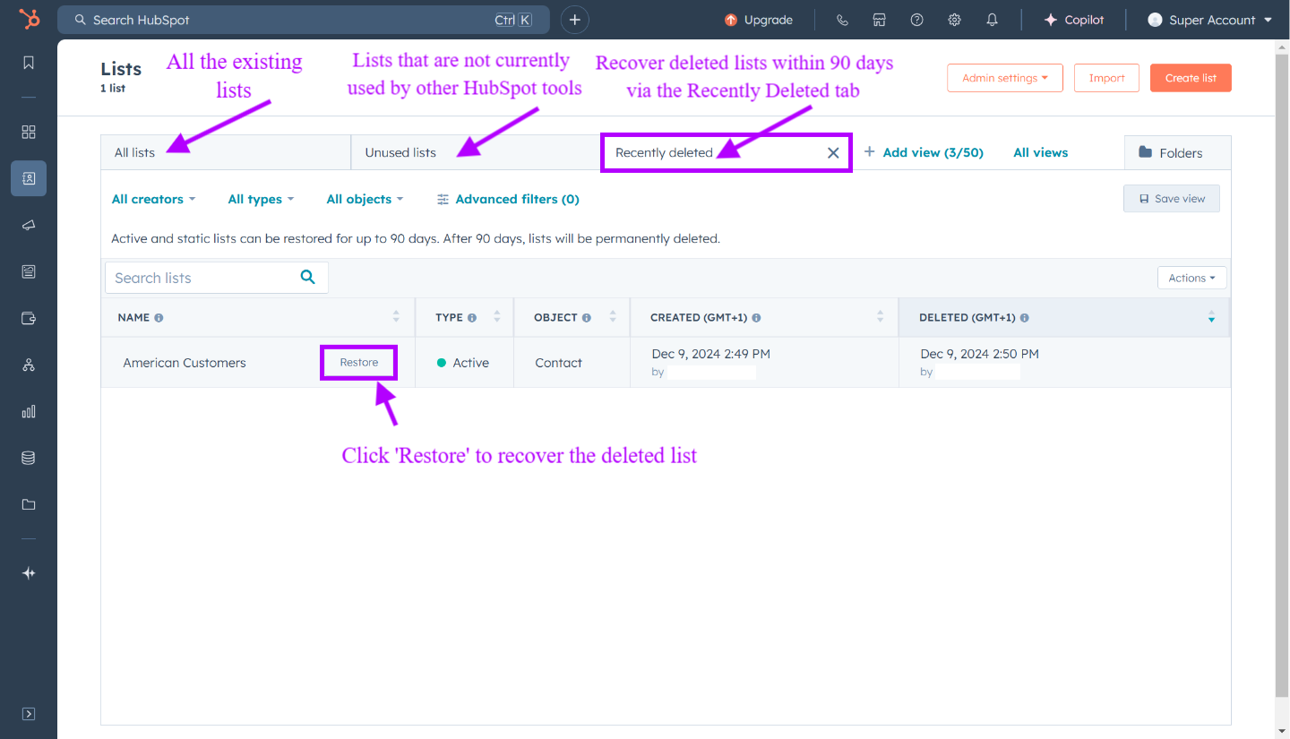 HubSpot permet de restaurer les listes supprimées en cas d'erreur