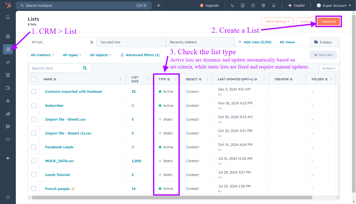 Comment accéder aux listes existantes dans HubSpot