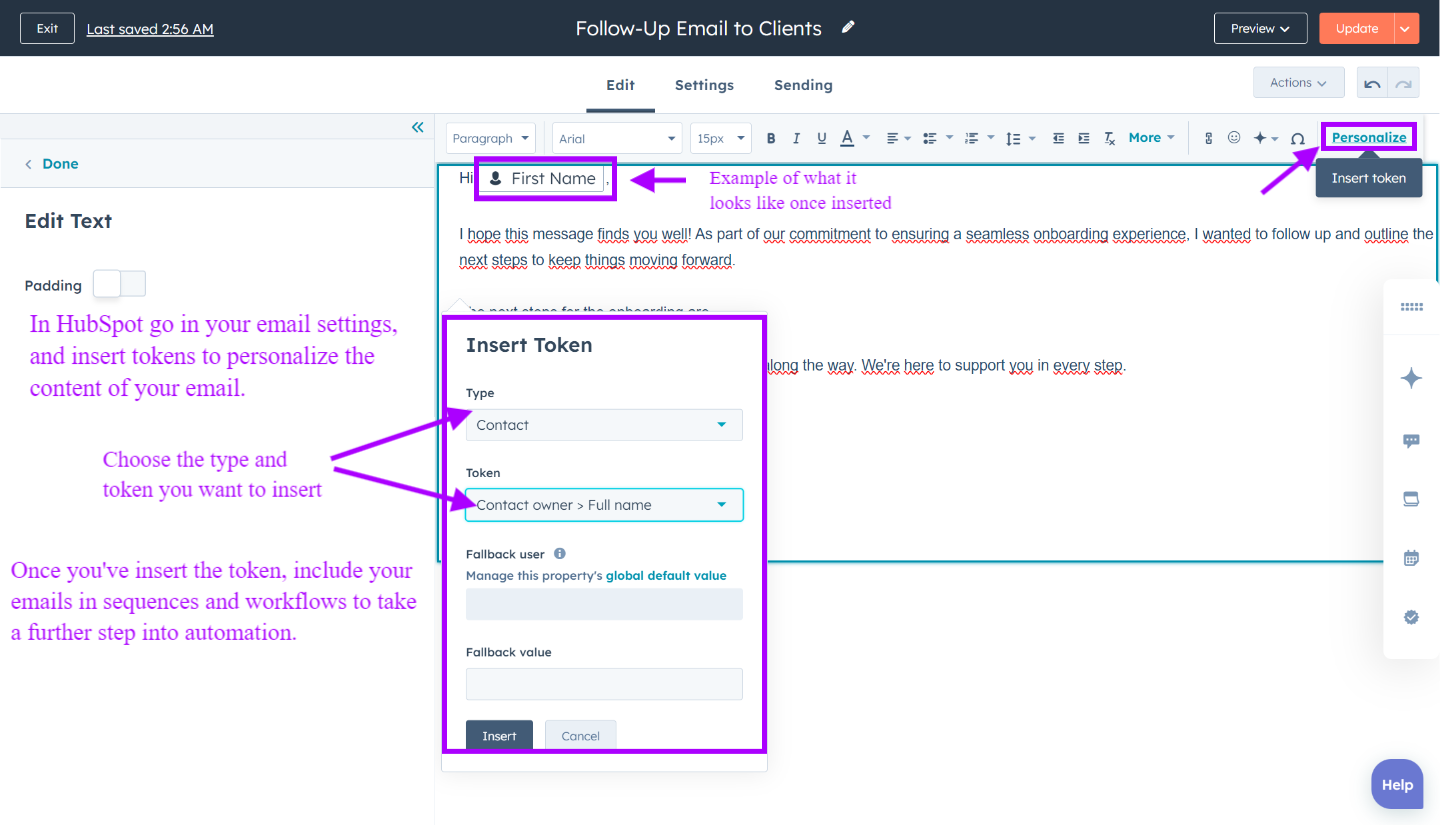 How to insert personalization tokens into your emails in HubSpot