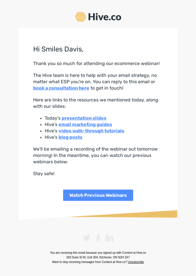 Exemple d'email de suivi de webinaire de Hive