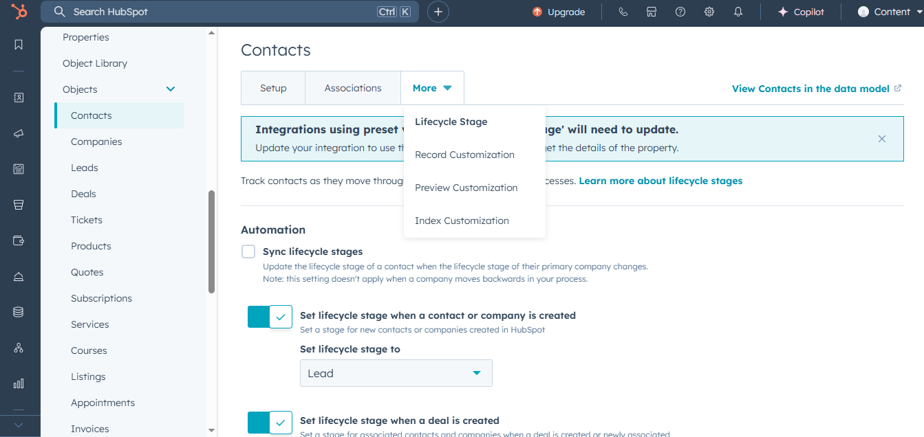 Screenshot der HubSpot Lifecycle-Stage-Konfiguration