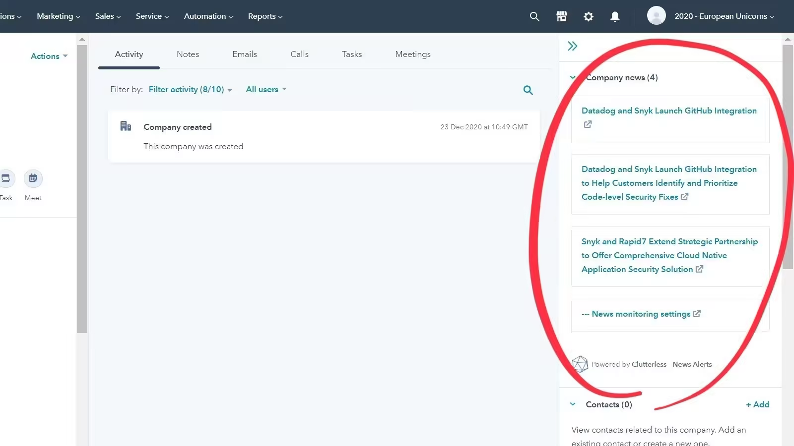 Los titulares de noticias más recientes aparecerán automáticamente en las páginas de empresa de tu CRM de HubSpot a través de la API de tarjetas CRM