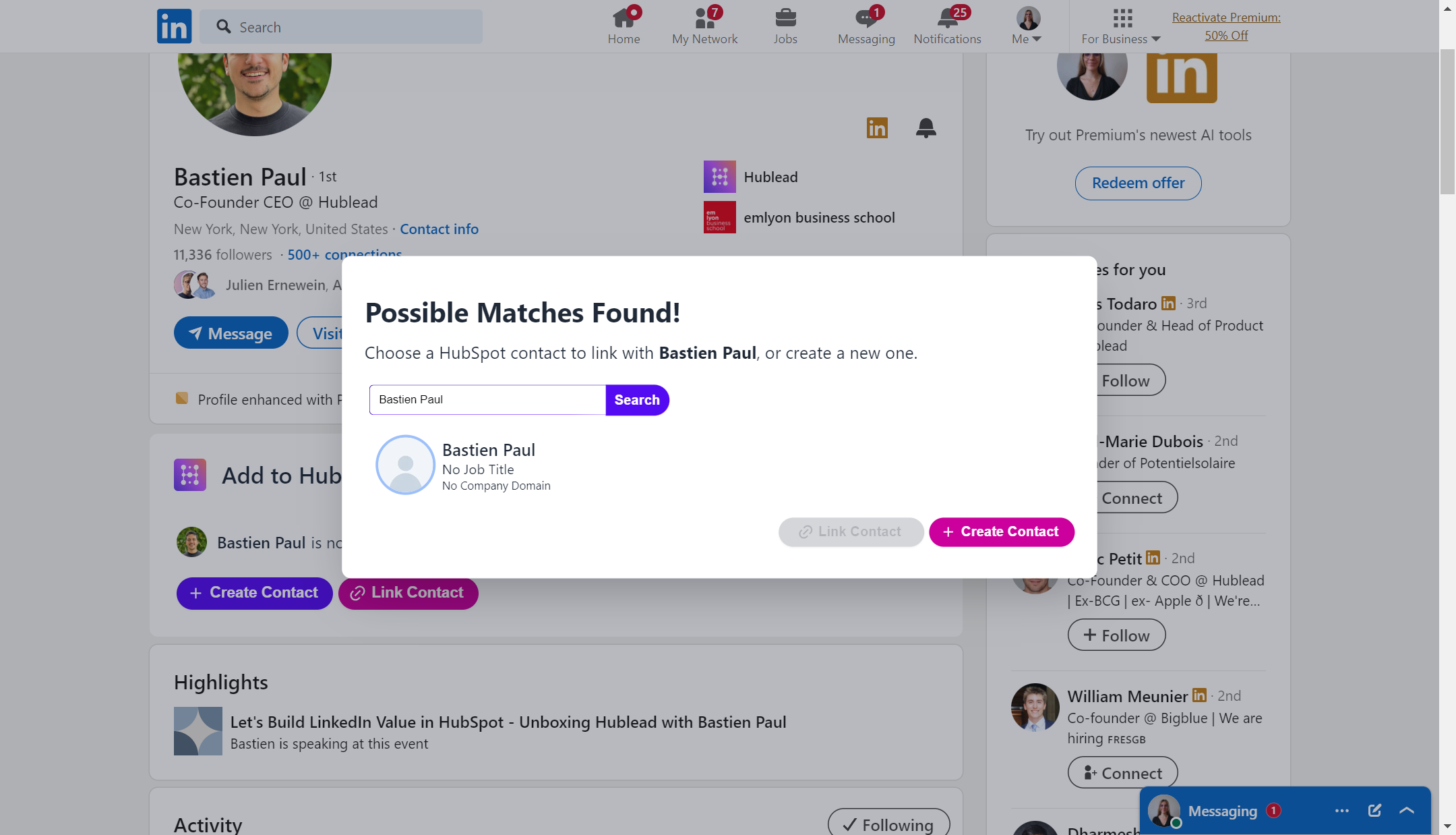 Hublead vérifie les correspondances possibles entre LinkedIn et HubSpot pour éviter les doublons dans le CRM
