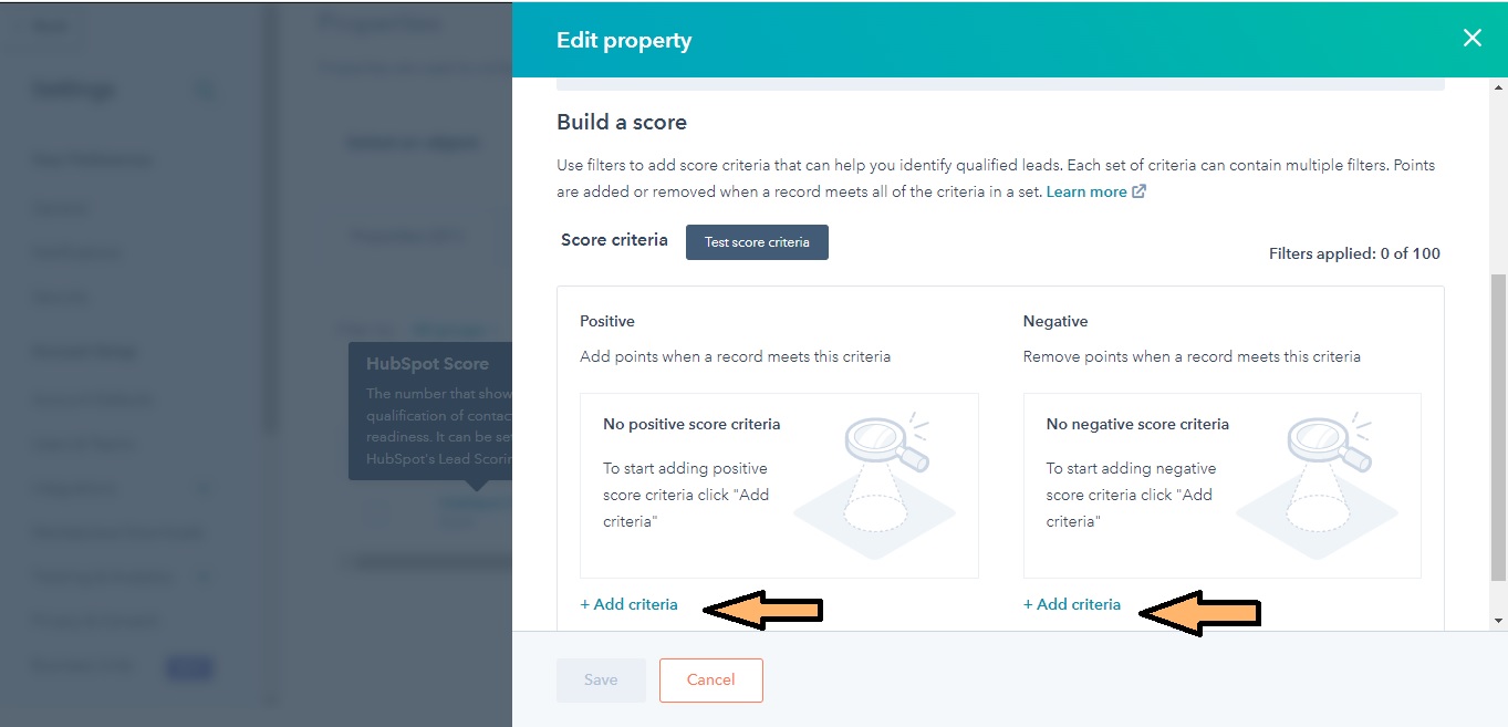 Critères positifs et négatifs du scoring manuel HubSpot