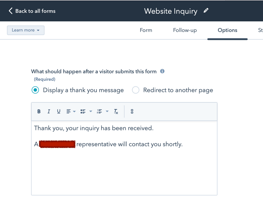 Mensaje de agradecimiento personalizado tras el envío de formulario para alcanzar los objetivos del Workflow - HubSpot