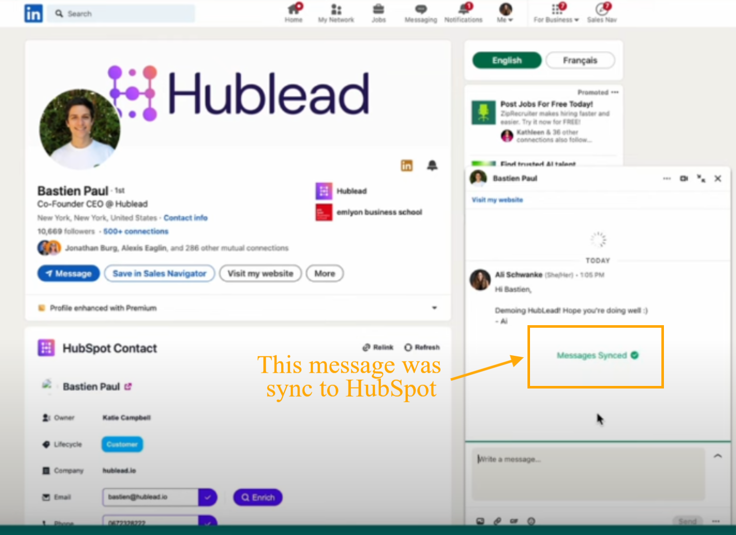 Synchronisez les messages LinkedIn avec HubSpot en 1 clic avec l’Extension Chrome Hublead