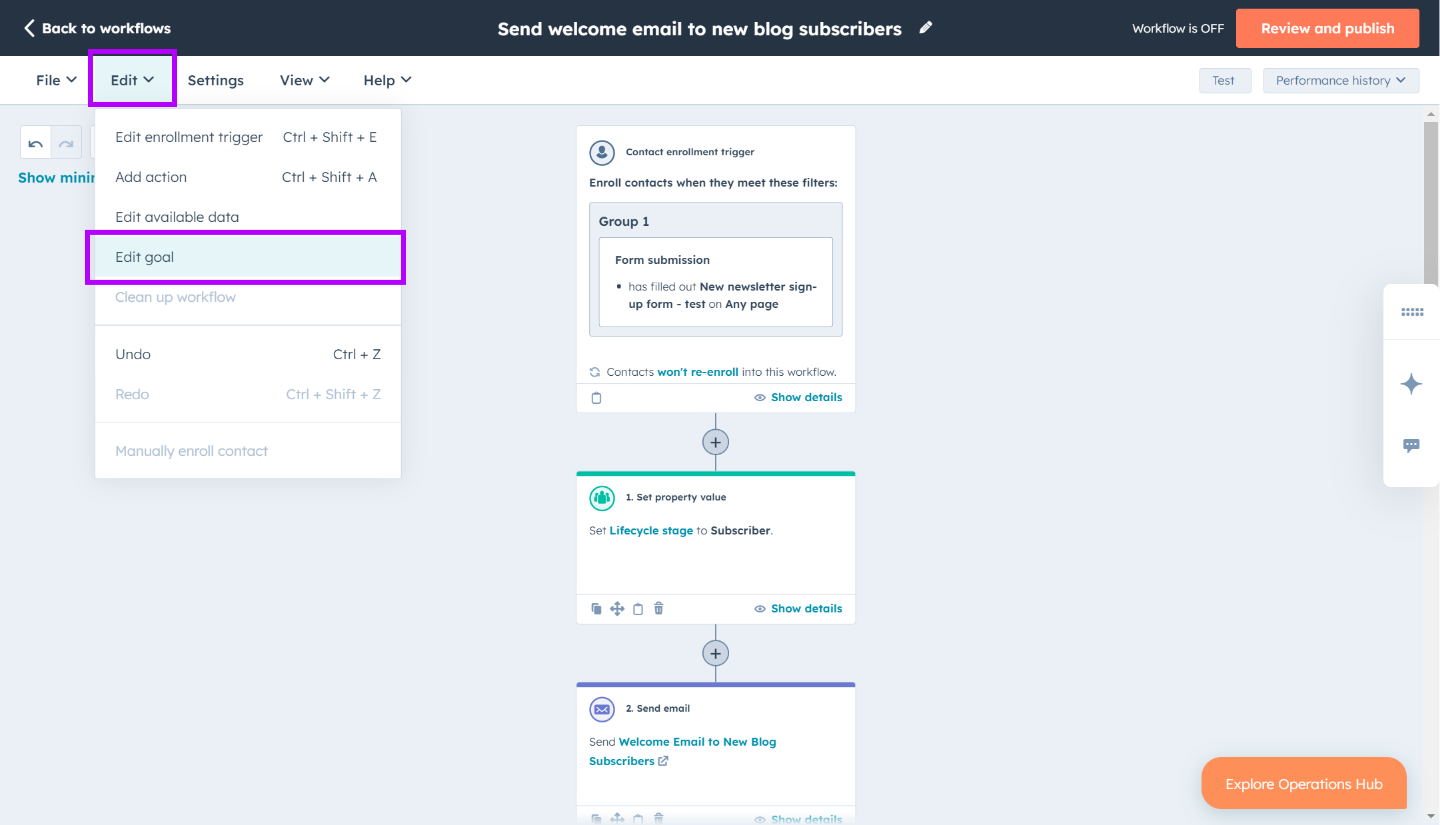 Éditeur de workflow HubSpot - ajoute plusieurs critères et objectifs pour ton workflow basé sur les contacts