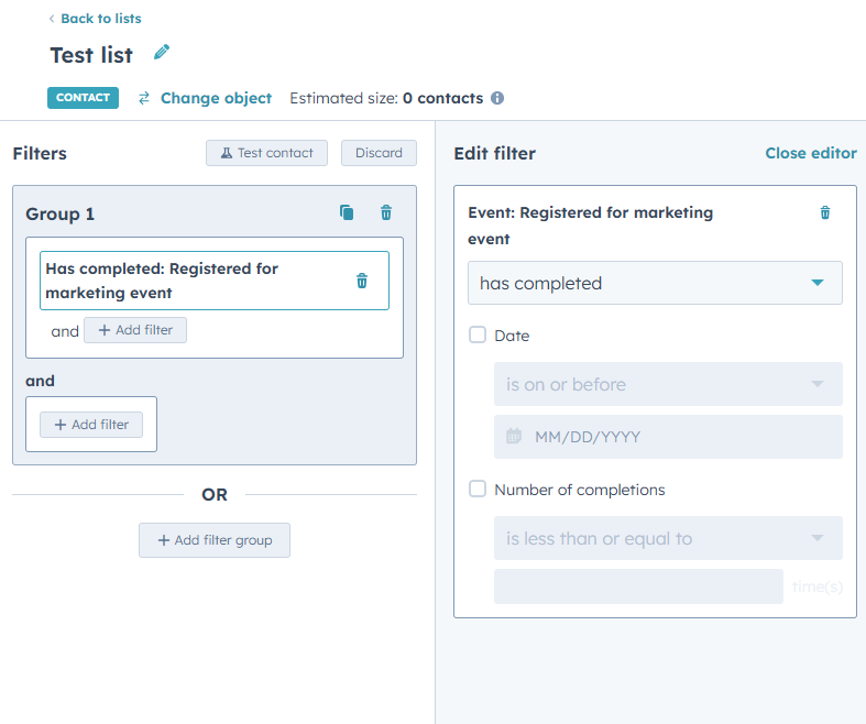 Configurando criterios de lista en HubSpot