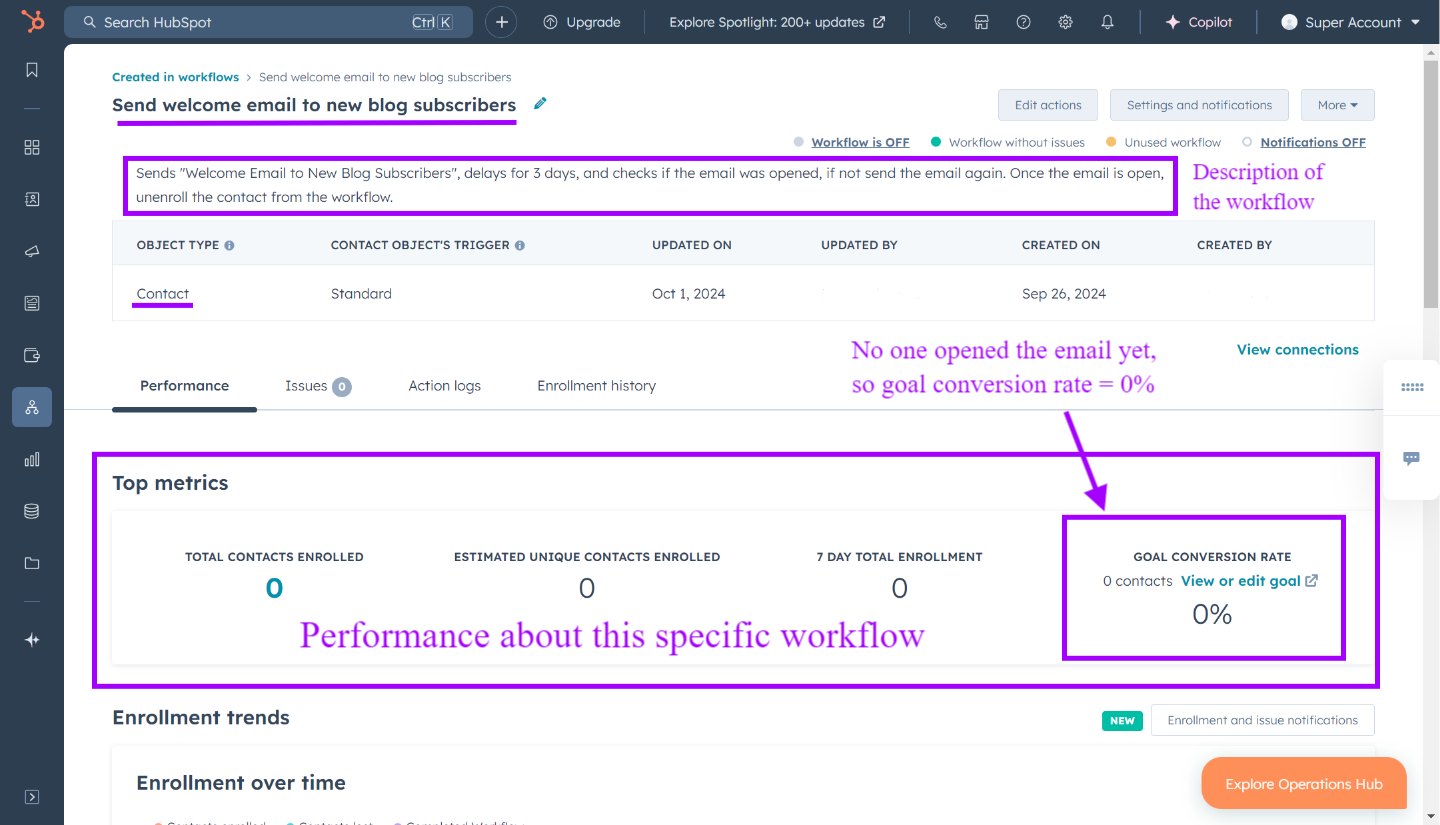 Avec HubSpot Marketing Hub Professional, vérifie le taux de conversion des objectifs de ton workflow pour suivre les performances