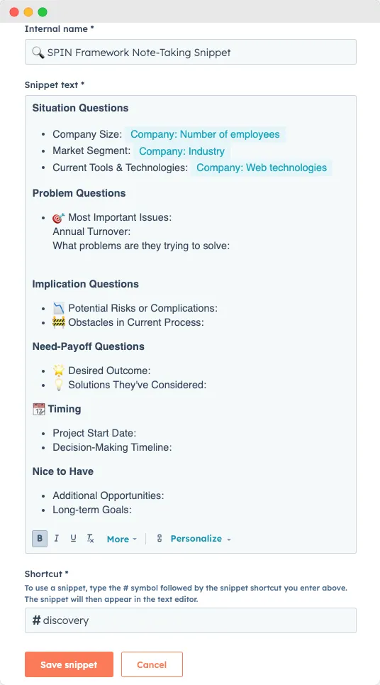 Snippet HubSpot sur le SPIN selling