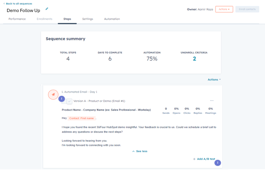 Sequence to automate emails and tasks after a product demo in HubSpot