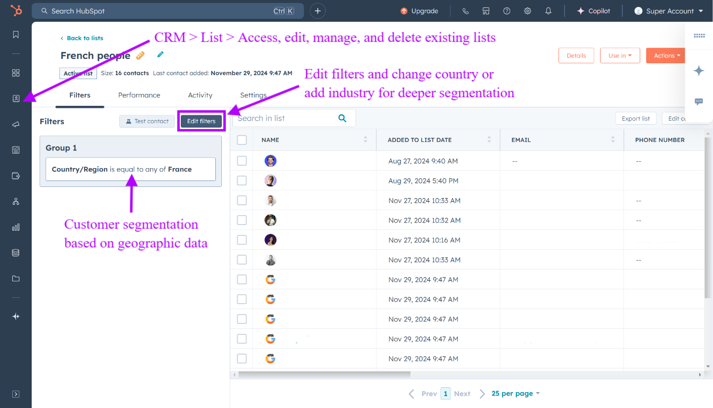Accéder, modifier, gérer et supprimer des listes, puis configurer des critères pour la liste HubSpot et la segmentation client