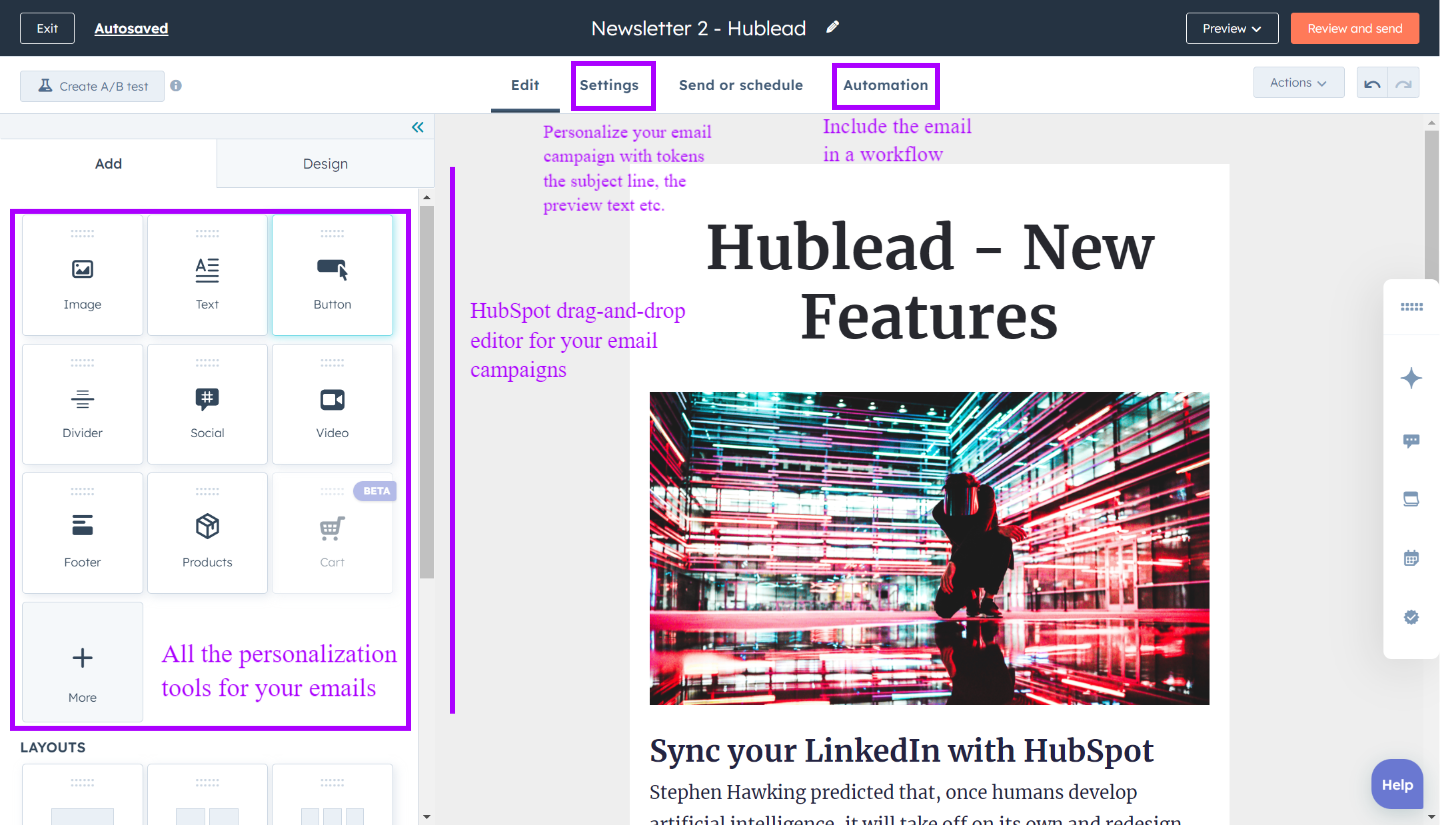 Éditeur drag-and-drop pour les emails HubSpot avec personnalisation avancée