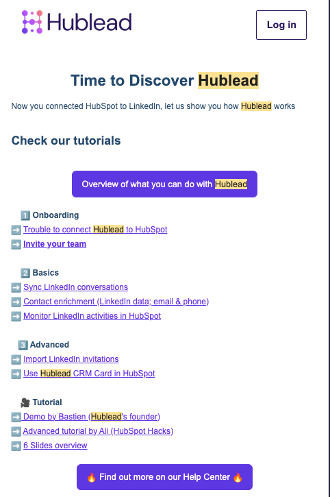 Exemple d'email d'onboarding d'essai gratuit de Hublead