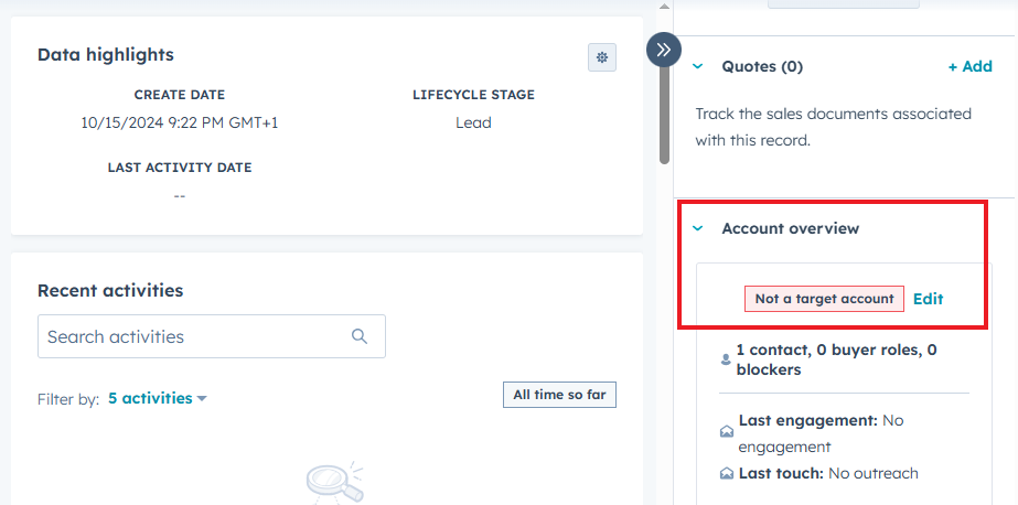 Captura de pantalla que muestra el registro de empresa de HubSpot y la propiedad de cuenta objetivo.