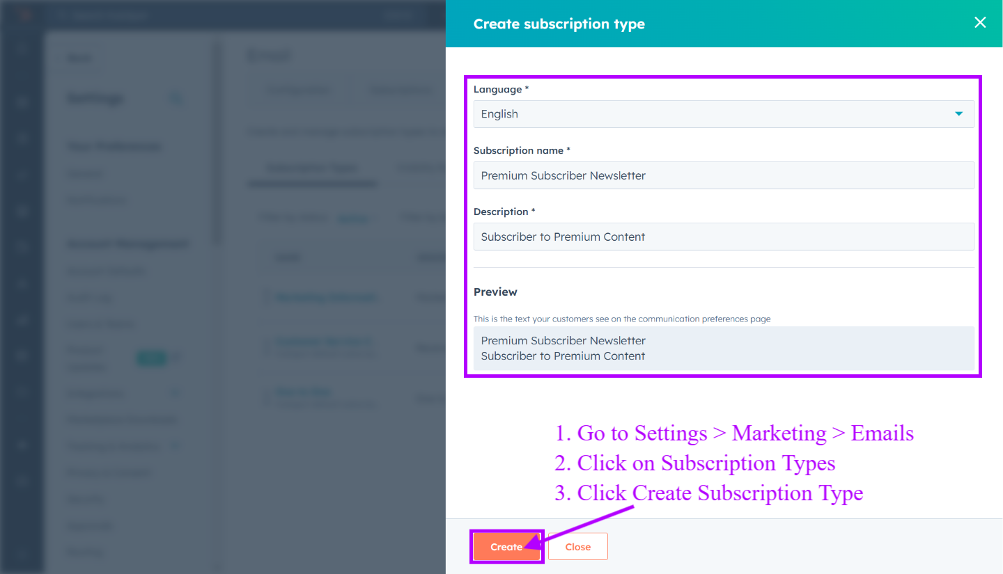 Crear Tipo de Suscripción de HubSpot