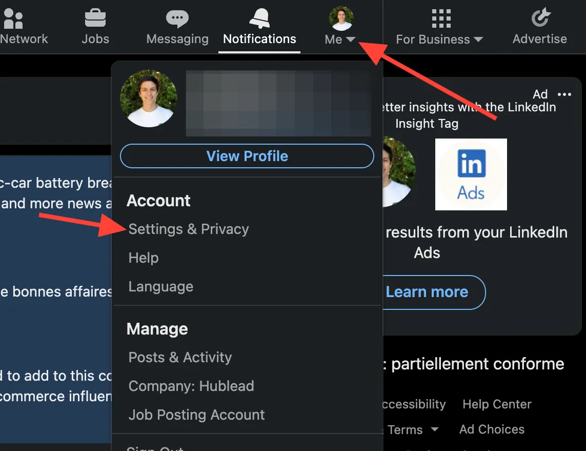 Buscar en Configuración y privacidad de LinkedIn