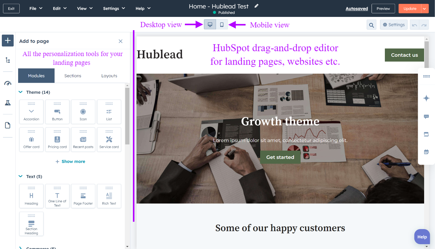 Editor de arrastrar y soltar sin programación en la plataforma HubSpot - sistema de gestión de contenidos