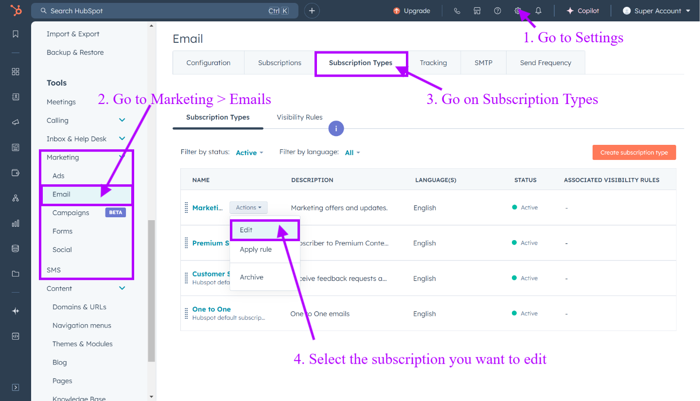 Configuración de Tipos de Suscripción de HubSpot
