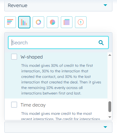 Captura de pantalla que muestra la selección del modelo de atribución en HubSpot