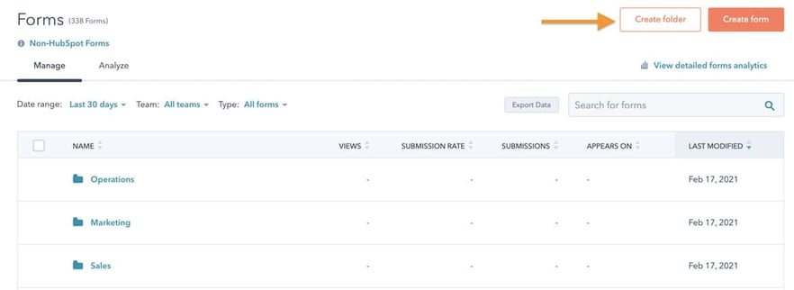 HubSpot forms folder system