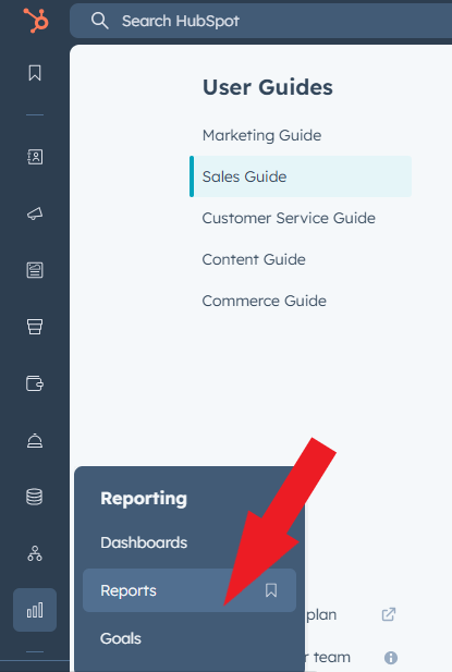Captura de pantalla que muestra la opción de informes en la barra de navegación de HubSpot