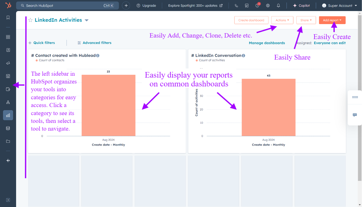HubSpot como interfaz fácil e intuitiva para equipos de ventas y marketing | todas las herramientas en la barra lateral izquierda para insights valiosos usando datos de Hublead en reportes