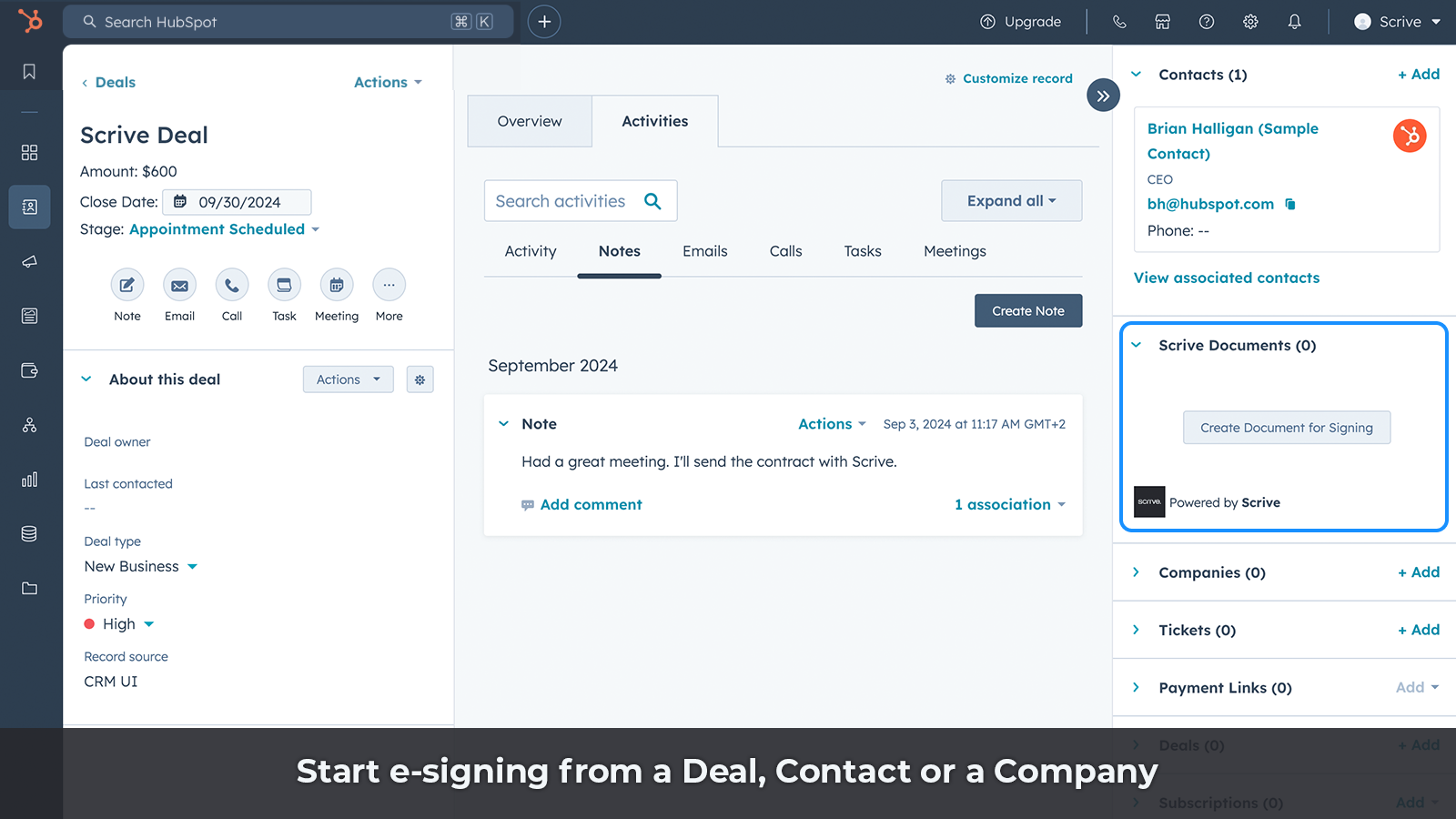 Signature Scrive depuis un Deal, une Entreprise ou un Contact.