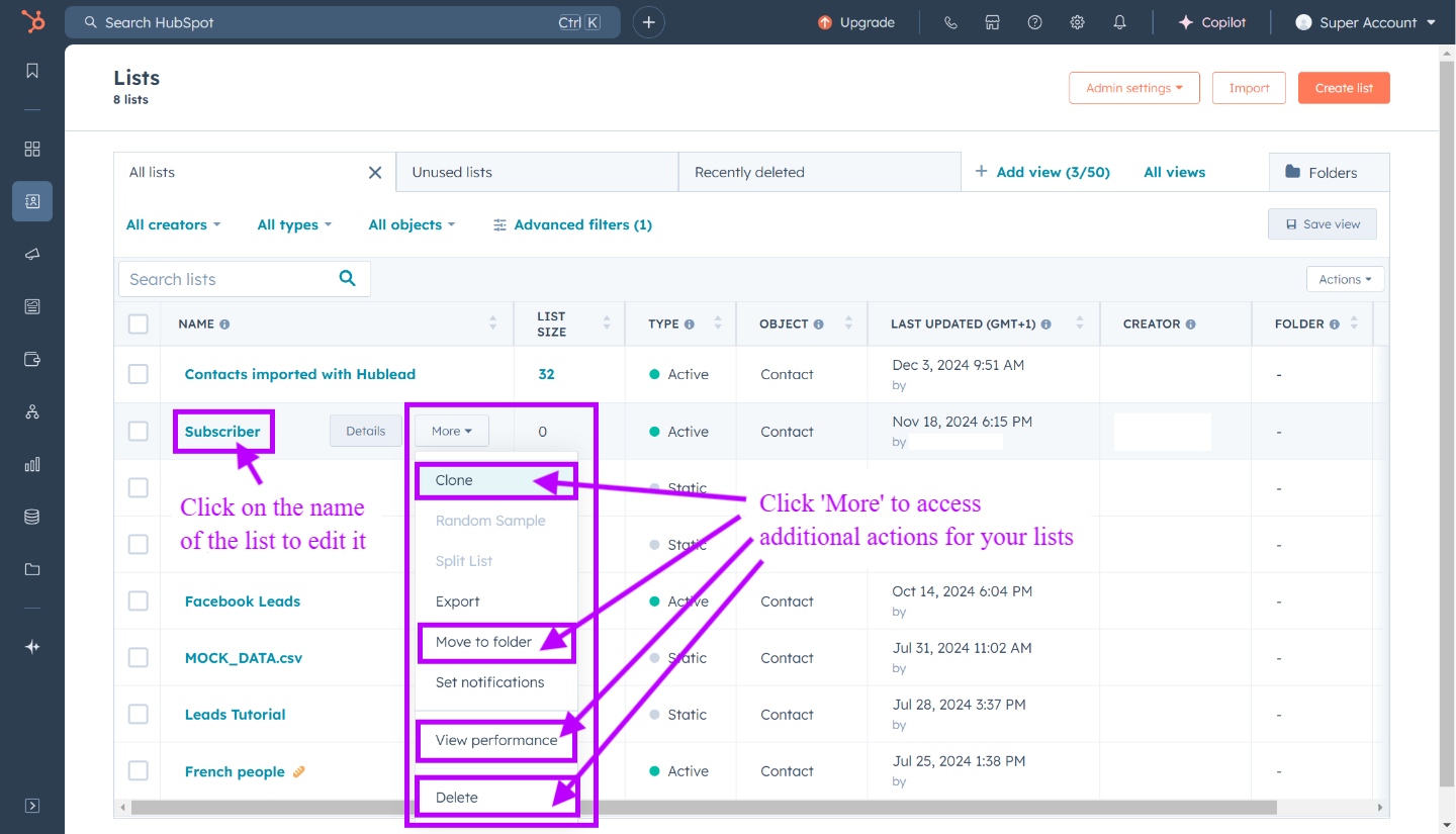 Actions supplémentaires dans le menu déroulant pour les listes dans HubSpot