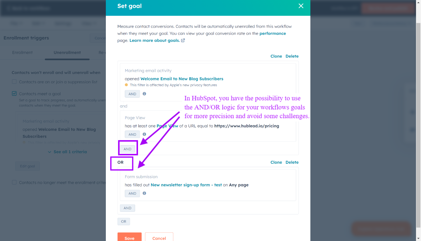 Dans l'onglet Objectifs, utilise la logique ET/OU pour tes objectifs de workflow afin d'atteindre tes performances d'objectif - HubSpot