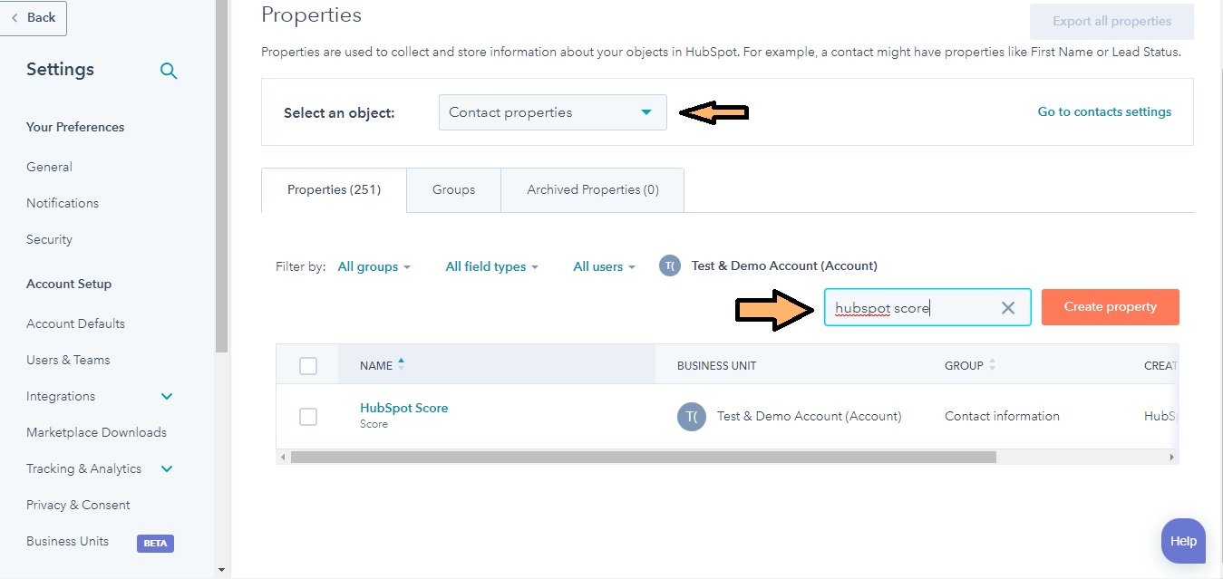 Configuration Scoring Manuel HubSpot - Section Propriétés dans Paramètres