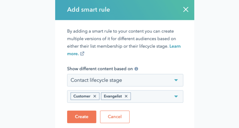 Desde el menú desplegable, añade una regla inteligente a los emails de marketing para personalizar la línea de asunto de tus emails según el tipo de regla - haz clic en crear