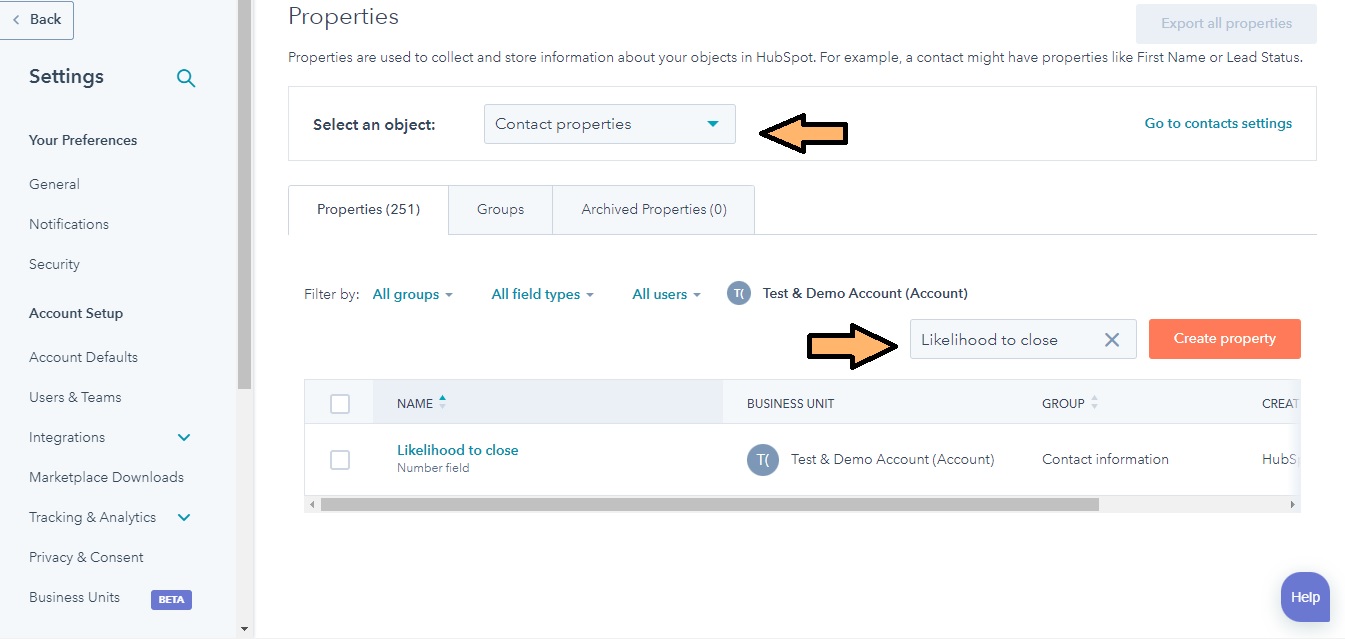 Dans HubSpot, recherche Probabilité de conclusion et propriétés de contact pour configurer le Lead Scoring Prédictif