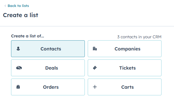 Captura de pantalla - crear una lista en HubSpot