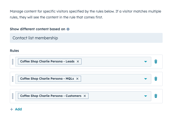 Regla Inteligente de HubSpot | Mostrar contenido predeterminado según la membresía en la lista de contactos - lista basada en la etapa del ciclo de vida del visitante
