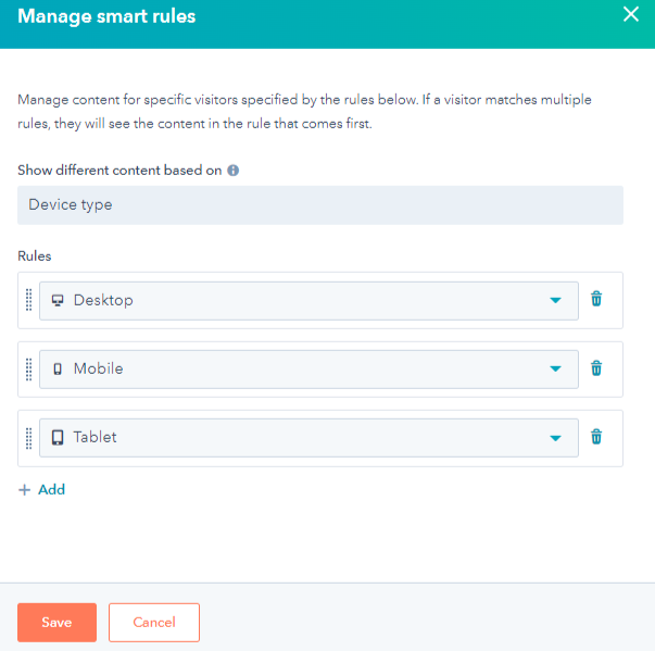 Selecciona gestionar reglas inteligentes y elige Tipo de Dispositivo como categoría de regla inteligente en HubSpot para personalizar el contenido para usuarios de móvil o escritorio | variación inteligente