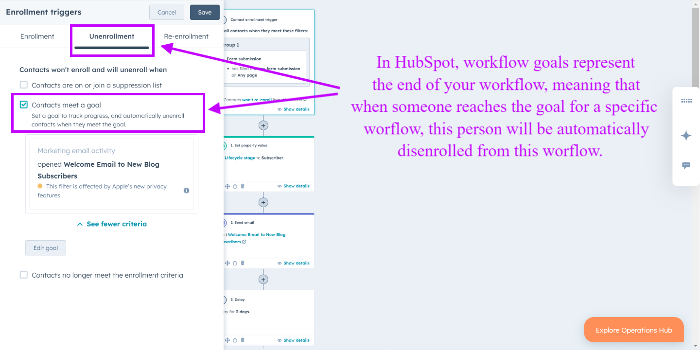 HubSpot | Objectif de workflow pour un workflow basé sur les contacts qui désinscrit automatiquement les contacts lorsqu'ils remplissent les critères d'inscription ou de désinscription