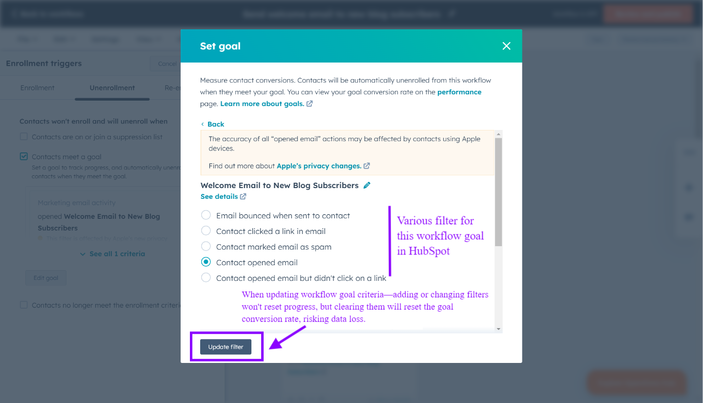 Dans l'onglet Objectifs, modifie le filtre des critères d'objectif pour mettre à jour l'objectif de ton workflow | HubSpot